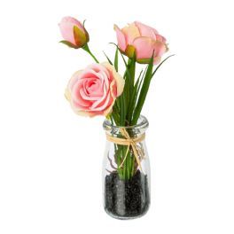 salg af Kunstig lyserøde roser i glasvase, H20 cm.